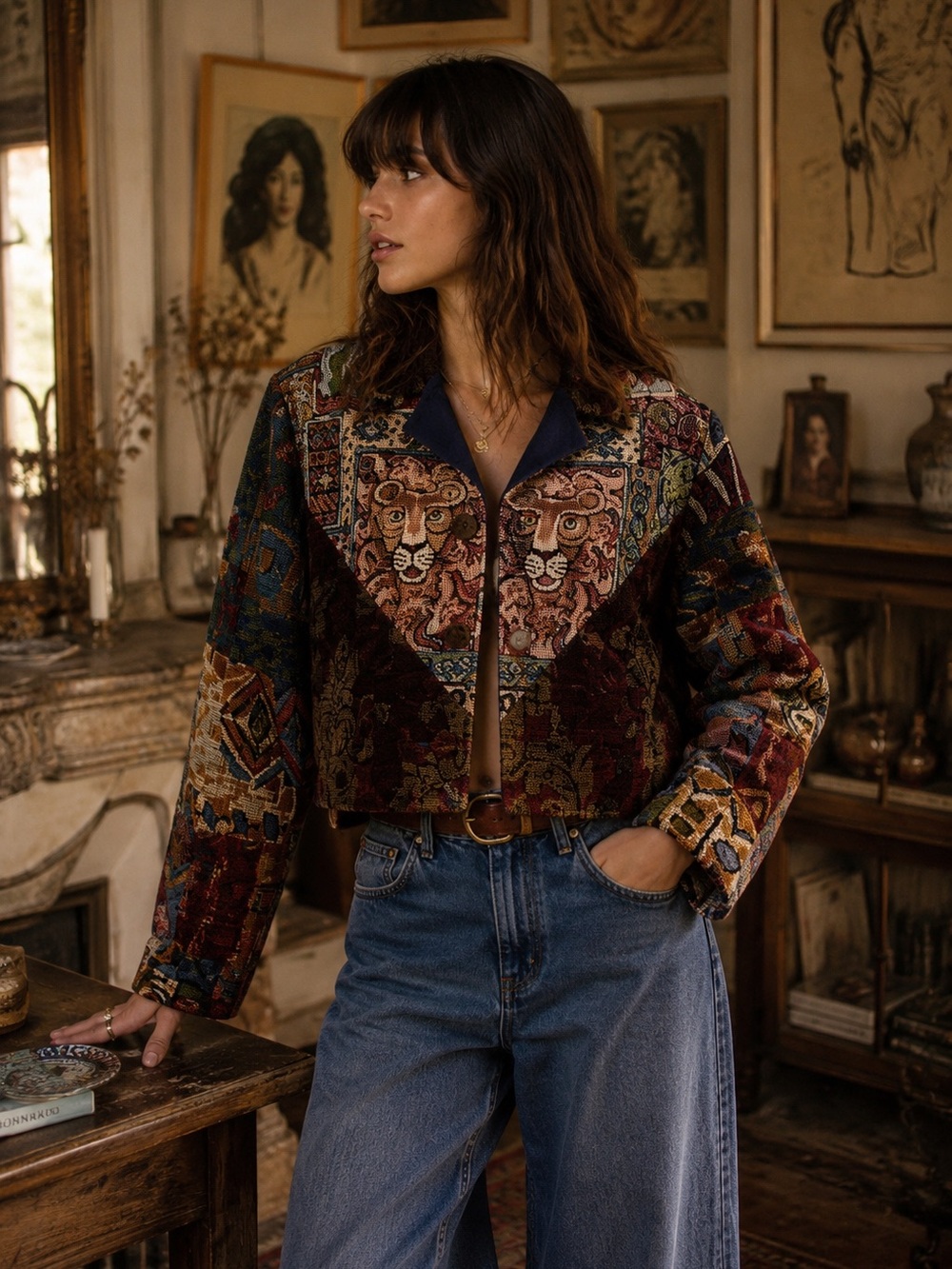 Vintage Villa Factory Animal Print Lion Tapestry Cropped Jacket Boho Artwear